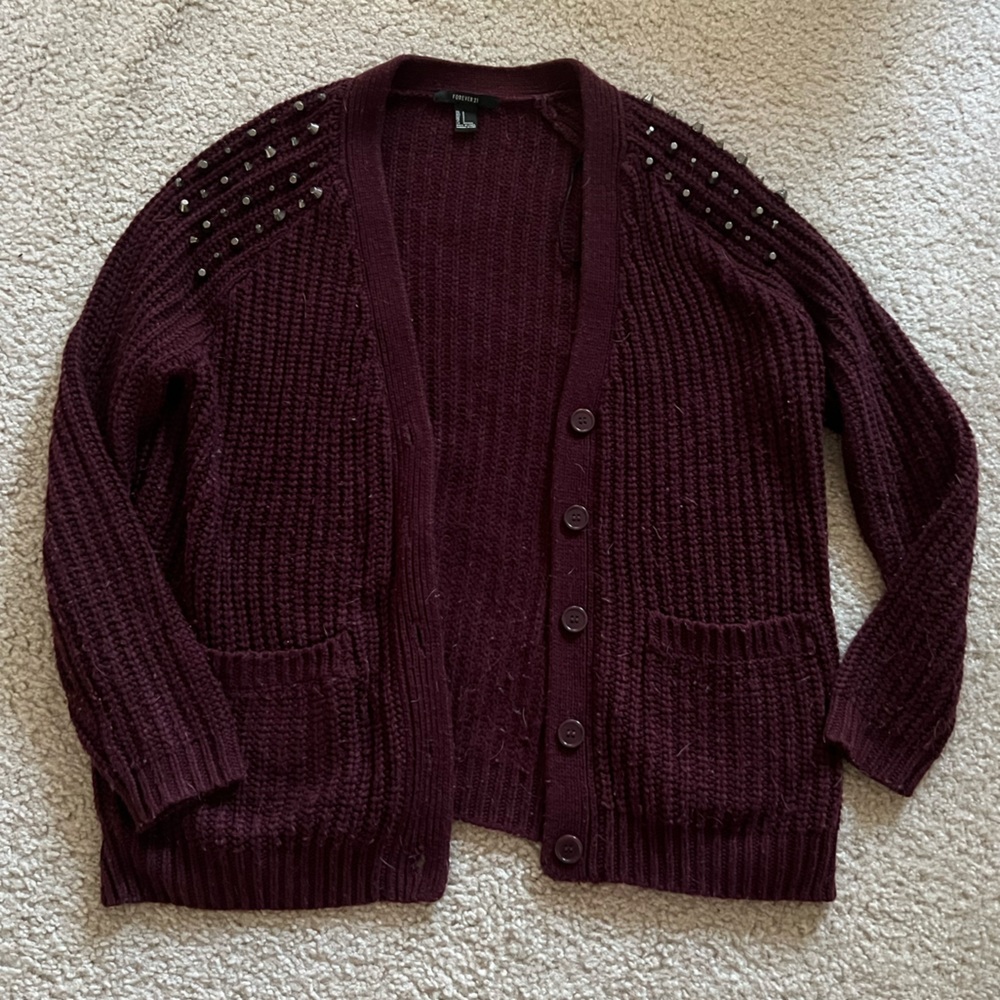 Burgundy Knit Cardigan with Shoulder Studs